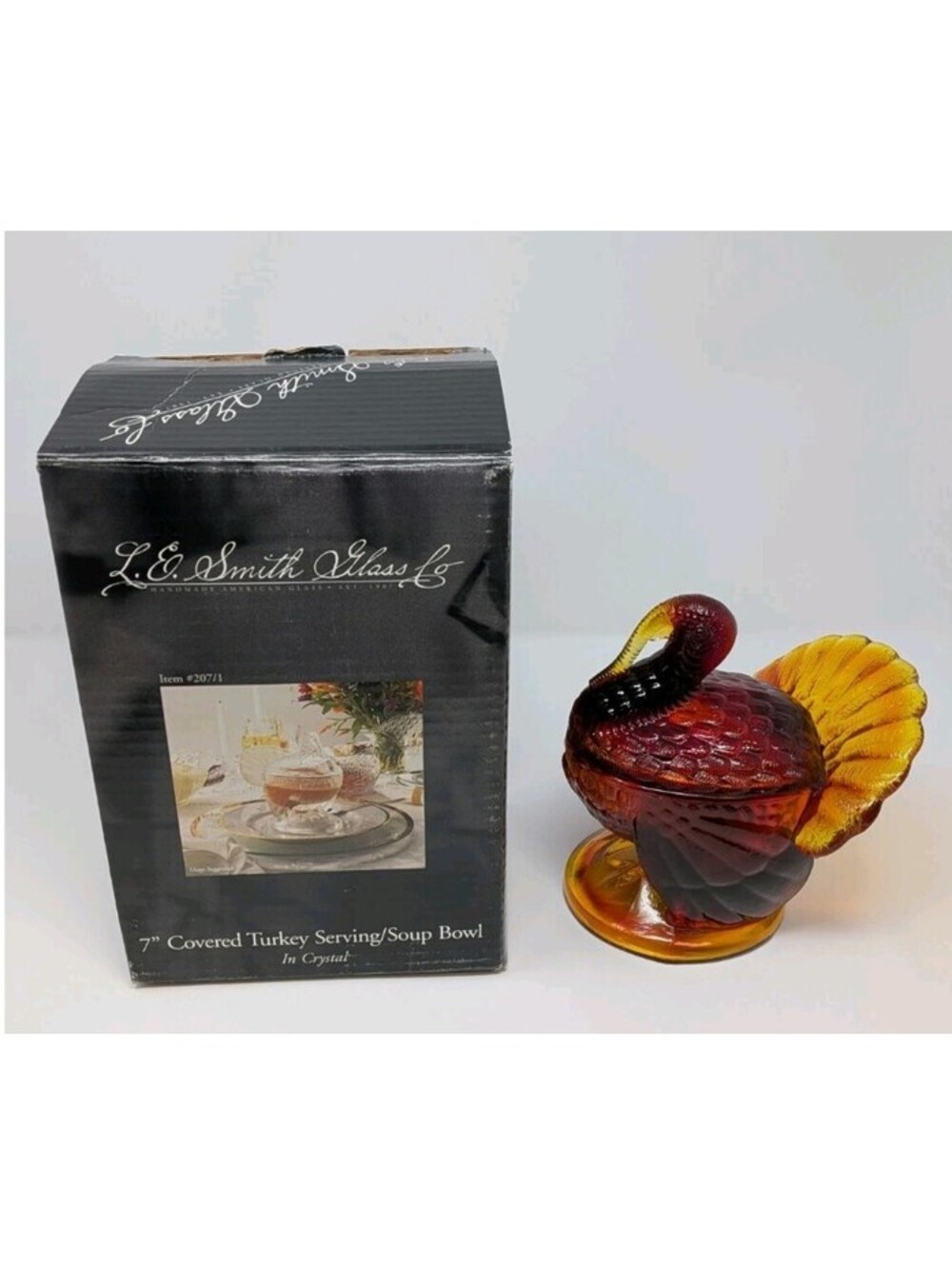 L.E. Smith Amberina Glass Turkey Covered Candy Dish 7 inch w/ Box Glows